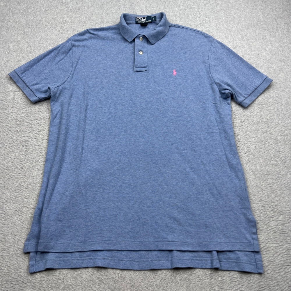 Polo Ralph Lauren Shirt Mens Large Blue Short Sleeve Pink Pony Logo Heather Golf